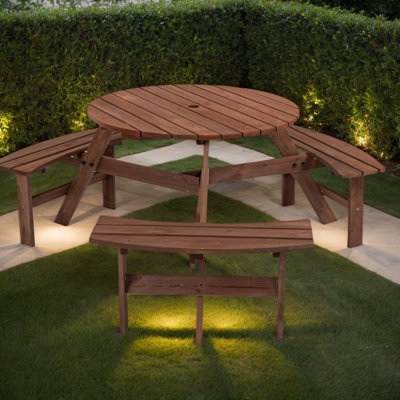 6-Person Round Outdoor Wooden Picnic Table with 3 Built-in Benches and Umbrella Hole – Fir Wood, 1720 lb Weight Capacity