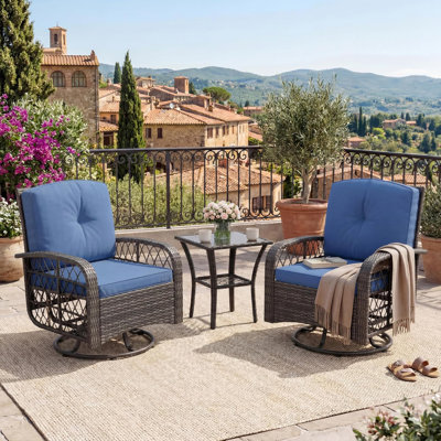 3 Pieces Patio Furniture Set, Outdoor Swivel Glider Rocker Set w/Washable Cushion and Tempered Glass Tabletop, Conversation Furniture for Deck Porch Balcony Backyard Garden