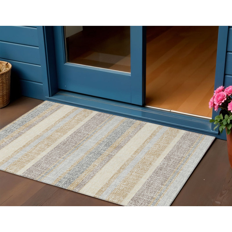 Tapis intérieur lavable rayé doré et argent 3 pi x 5 pi, Rectangle 3 pi x 5 pi
