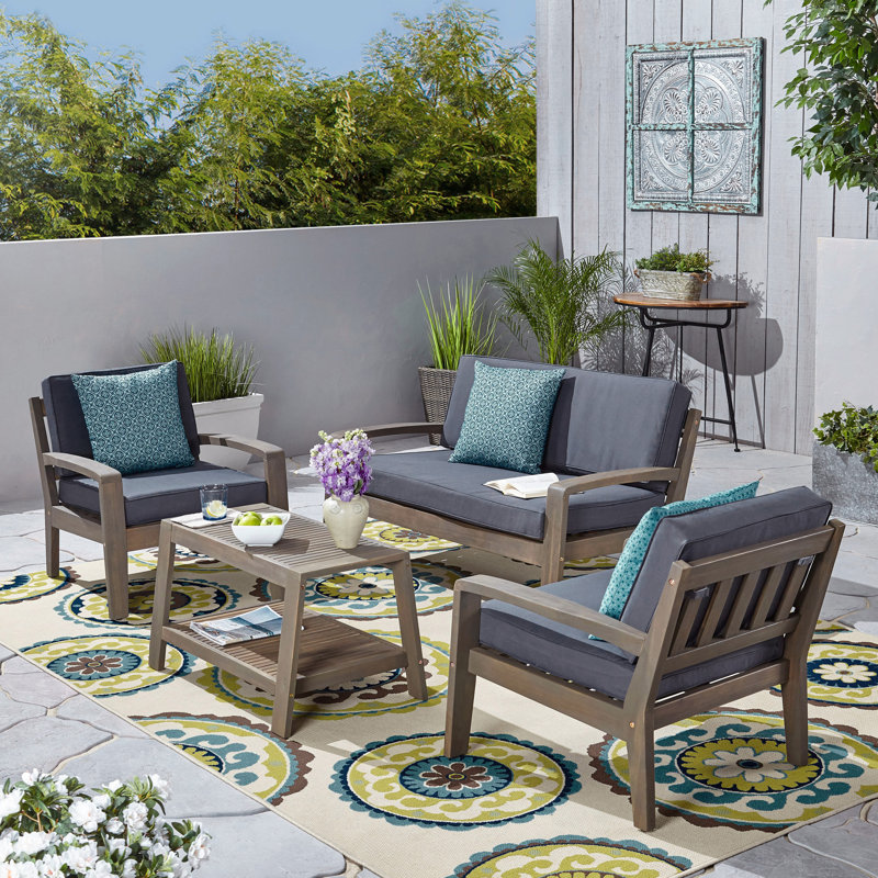 Acacia 4 - Person Patio Conversation Set with Cushions, Gray Frame/Dark Gray Cushion
