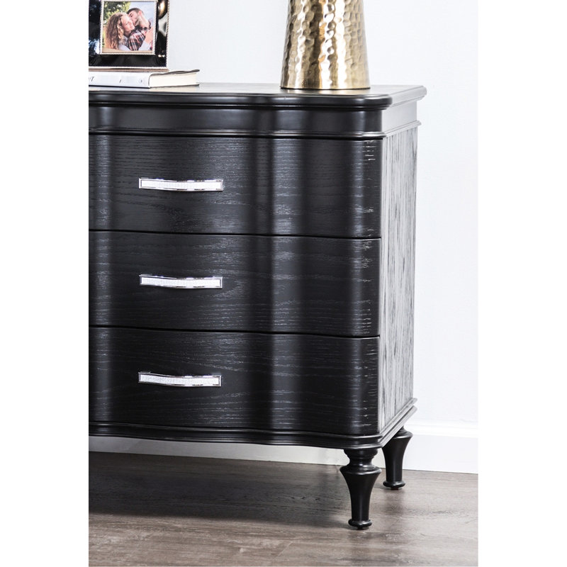Table de chevet moderne noire avec 3 tiroirs, tiroir doublé de feutre et pieds en bois massif glamour tourné
