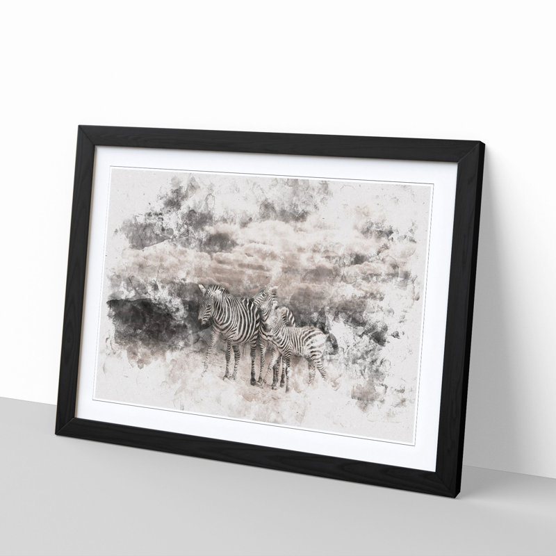 Three Zebras in the Wild Watercolour - Picture Frame Graphic Art Print, 36cm H x 48cm W x 2cm D, Black Framed