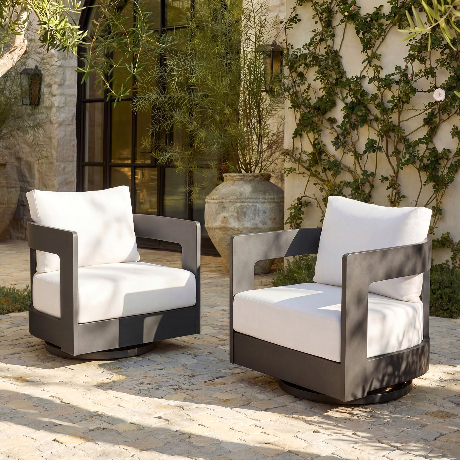 Frances Sunbrella® Swivel Patio Lounge Chair, White Cushion/Black Frame
