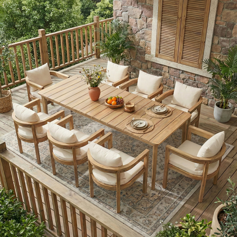 Cedar  9-Piece Outdoor Modern Rustic Acacia Wood Dining Set with Cushioned Chairs and 79" Rectangular Table, Oiled Teak