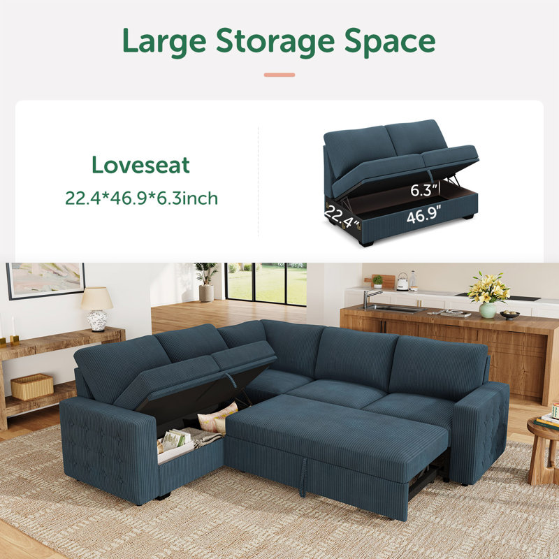 Brunella L-shaped Corner Sectional Sofa Bed with Pull-Out Bed, Blue Corduroy