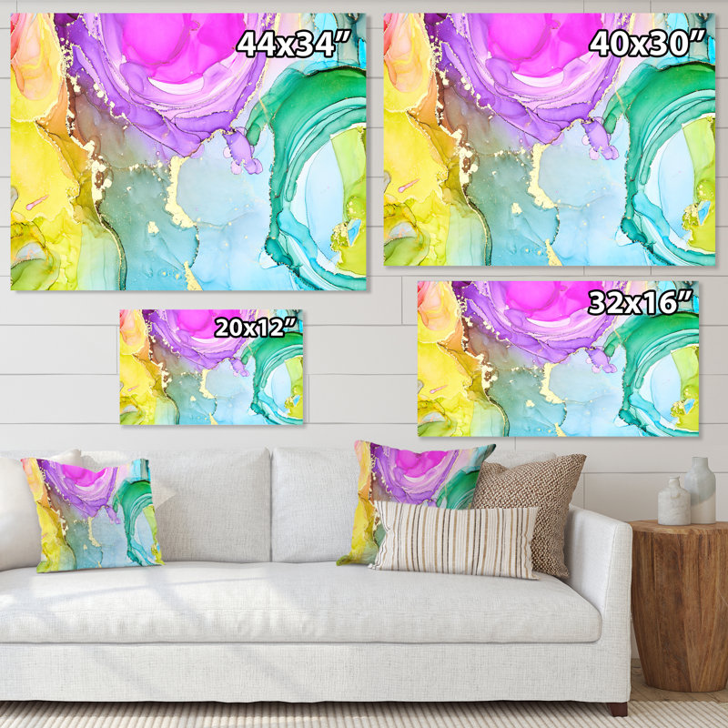 Turquoise et mauve luxueux abstrait fluide - Peinture sur toile, H 12 po x l 20 po, Toile tendue