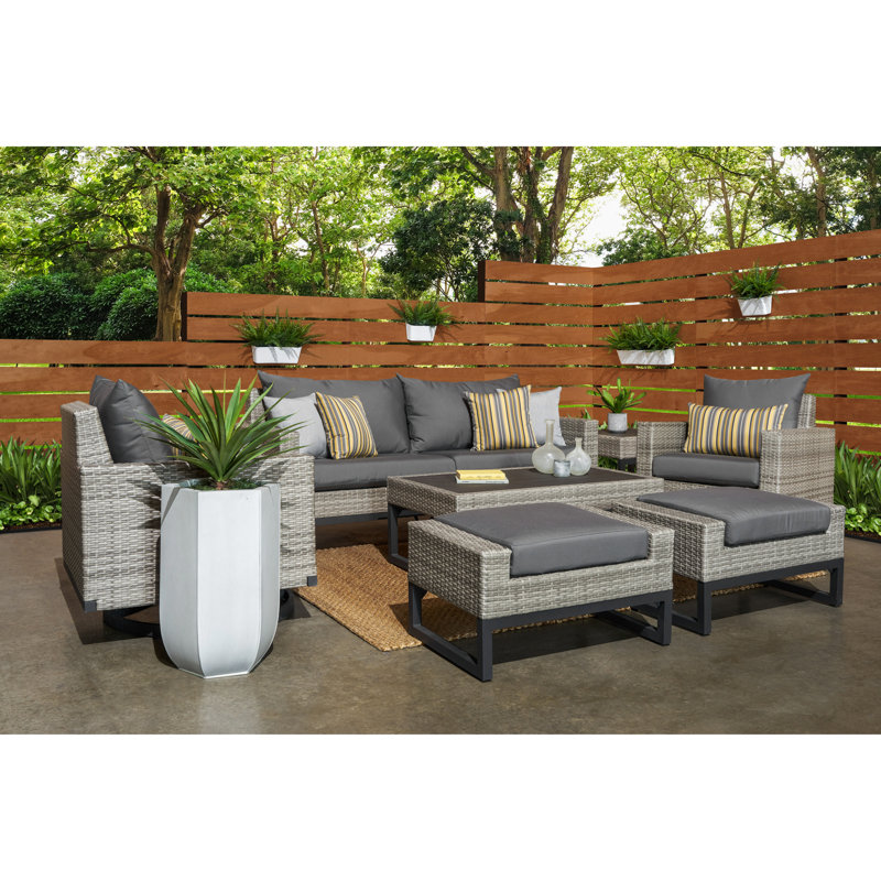 Milo Motion 7 Piece Rattan Sunbrella Sofa Set with Cushions, Brown, Charcoal Grey Sunbrella®