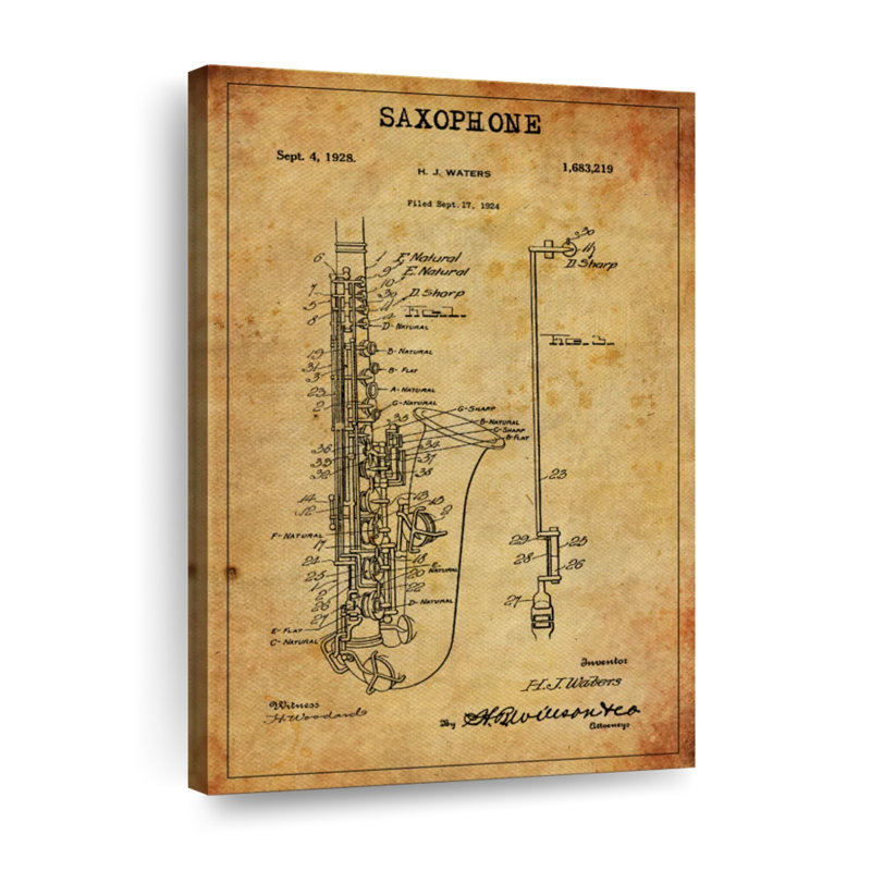 Brevet de saxophone sur toile, H 48 po x l 32 po x P 1,25 po