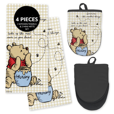 Disney Kitchen Towels & Oven Mitts Set – 4 Piece Bundle with 2 Cotton Dish Towels/Hand Towels & 2 Heat Resistant Mini Oven Mitts (Pot Holders) – Mickey, Stitch & Pooh (Winnie the Pooh)