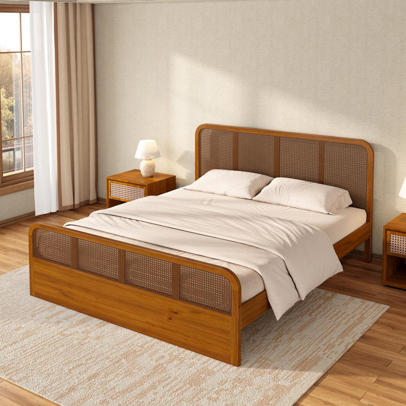 Modern Rattan Platform Bed Frame with Cane Headboard & Footboard, Solid Wood Bed with Natural Woven Panels, Mid-Century Modern Bed Frame for Bedroom