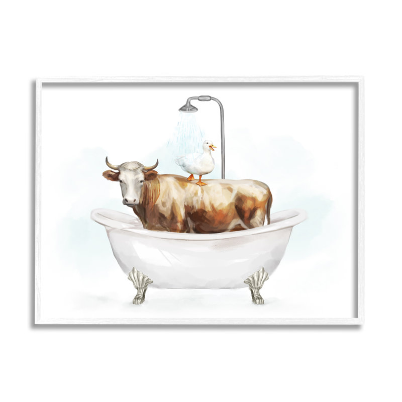 Stupell Industries, canard et vache dans une baignoire, estampe numérique de Ziwei Li, Cadre blanc