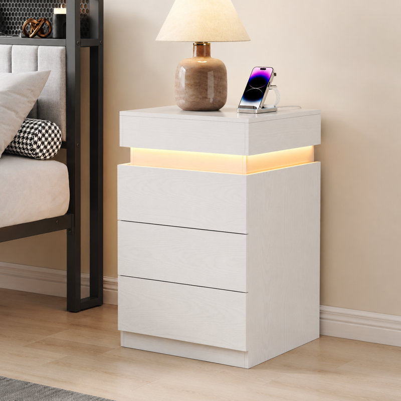 Table de chevet blanche à 3 tiroirs avec station de charge intégrée et éclairage à DEL RVB, table de chevet moderne à plateau coulissant blanc