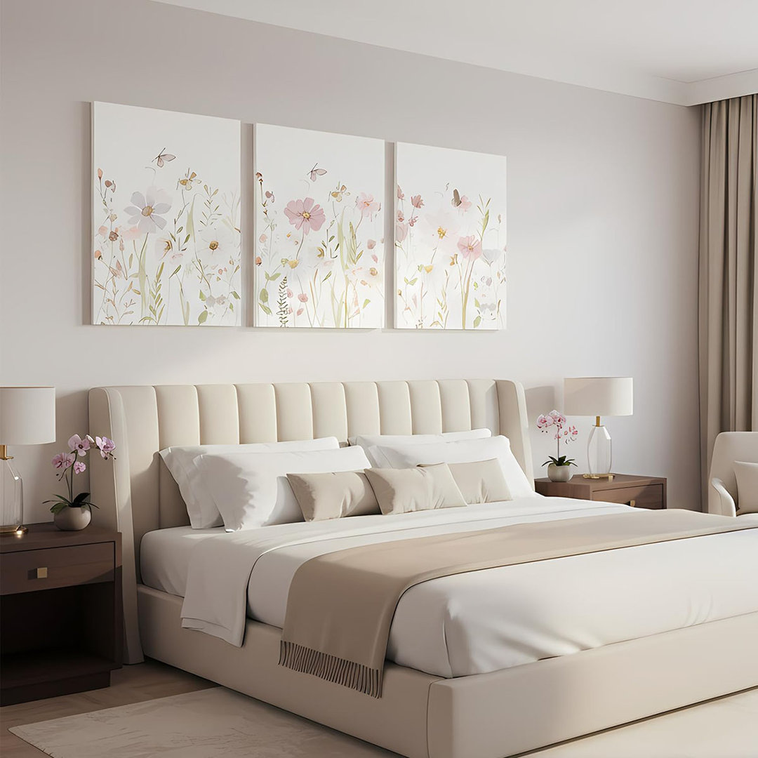 Floral Canvas Wall Art Set Of 3, Botanical Triptych Canvas Prints Wall Decor, Soft Pastel Flower Painting For Living Room Bedroom Bathroom, Waterproof