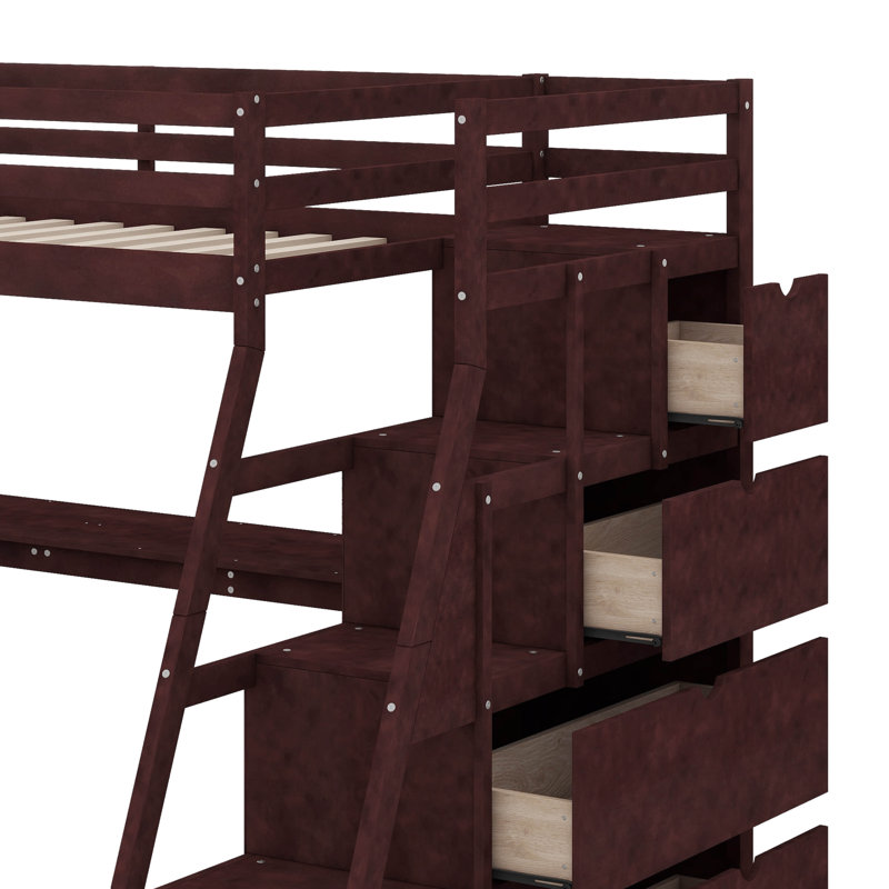 Twin-Sized High-Rise Bed With 7 Drawers, 2 Display Shelves, And A Study Desk, Twin, Espresso
