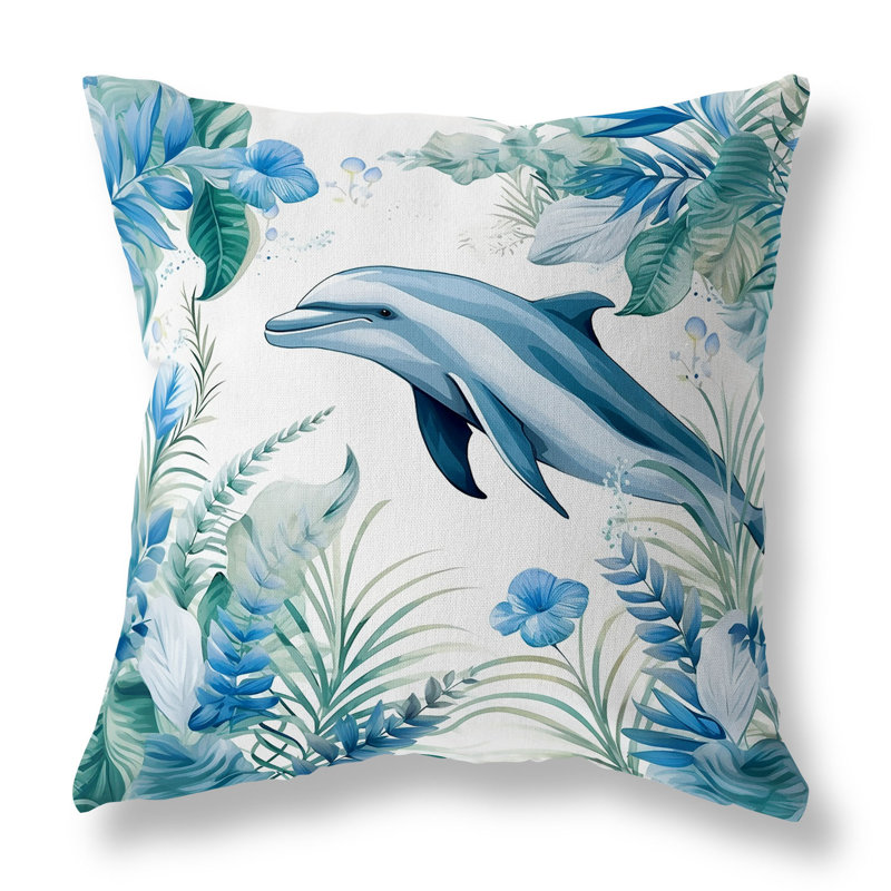 Coussin décoratif intérieur / extérieur Dolphin Haven, H 20 po x l 20 po, Bleu / turquoise