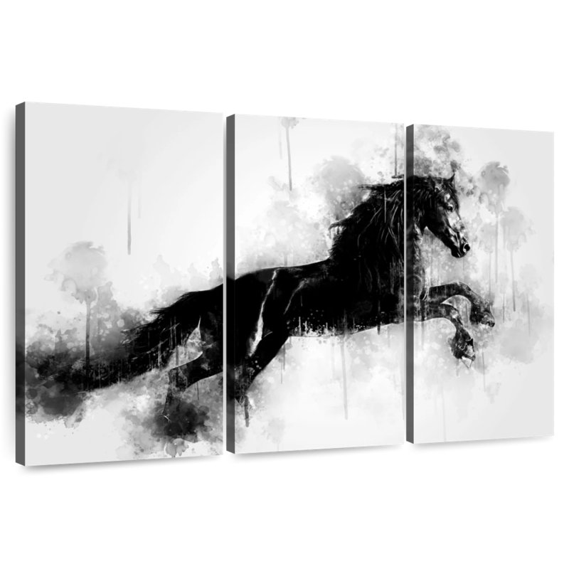 Cheval Brampt qui court en noir et blanc, H 42 po x l 65 po