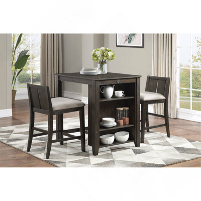 Ensemble de 3 tables à hauteur de comptoir de style transitionnel avec finition cerisier foncé, ports USB et 2 chaises de hauteur comptoir rembourrées en tissu