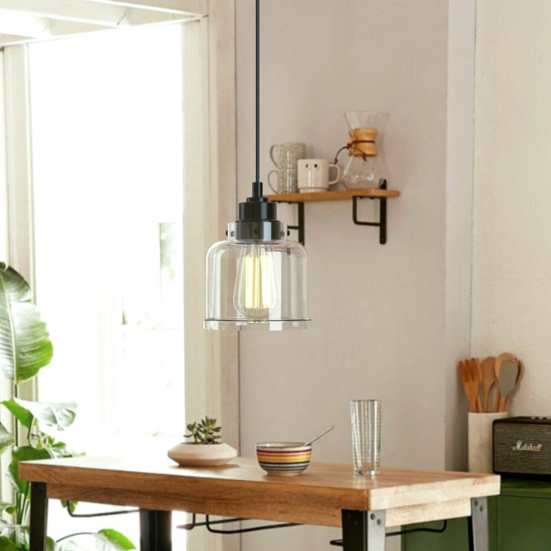 Luminaire suspendu 1 lumière moderne à intensité variable avec abat-jour en verre transparent Juliann, Noir mat
