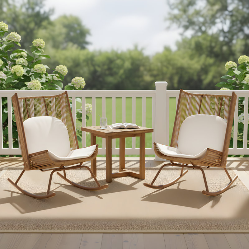 Schantz Outdoor 3-Piece PE Rattan Conversation Set With Iron Legs & Acacia Wood Top, 3 Pcs: Table, 2 Chairs