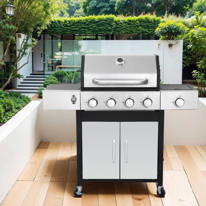 Barbecue au propane à 4 brûleurs avec brûleur latéral et grilles de cuisson en fonte émaillée