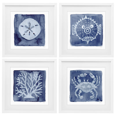 Aquatic Creatures on Indigo 4pc Framed Print Under Glass Set, design by Patti Bishop