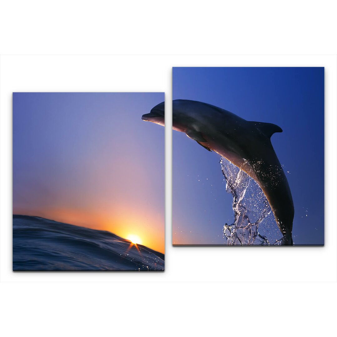 2-tlg. Leinwandbilder-Set Delfin im Meer mit Wellen