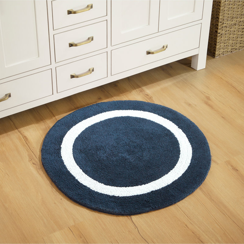 Tapis de bain réversible 100% coton Widman, doux et super absorbant, lavable à la machine, Rond 30 po, Bleu marine/blanc