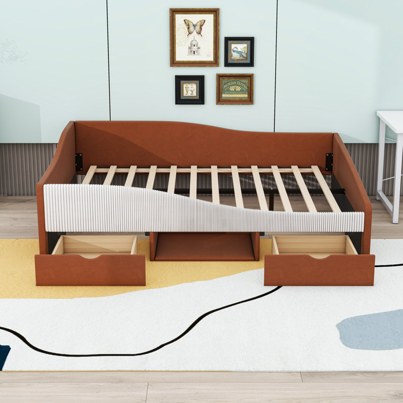 Lit de jour double avec rangement double rembourré inclus avec tablettes, Lit double, Brun