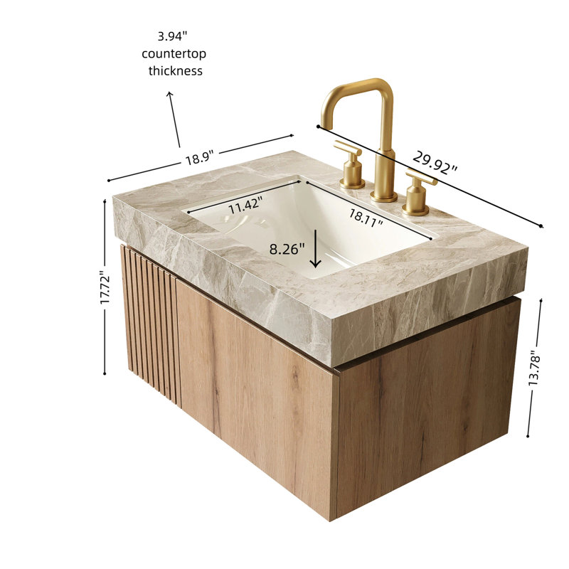 Meuble-lavabo de 30 po avec chêne blanc, plateau en pierre frittée grise, lavabo en céramique, tiroir et porte, armoire en contreplaqué, pierre d'amortissement à fermeture en douceur, espace de rangement généreux