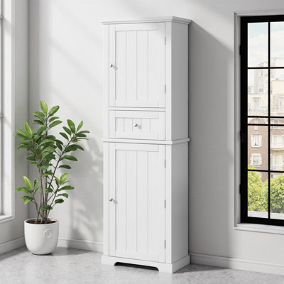 Armoire de rangement de luxe pour salle de bain étroite et étroite, armoire autoportante 67,7 po avec 2 portes, 1 tiroir et tablette réglable, tour de rangement grise peu encombrante