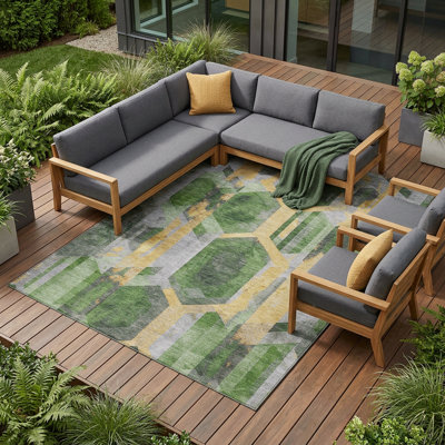 Tapis intérieur lavable à motif géométrique vert doré 10 pi x 14 pi