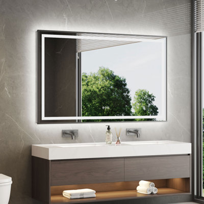 Miroir de salle de bain noir à cadre avant en aluminium noir et rétro-éclairé avec éclairage à 3 couleurs à intensité variable, antibuée et verre trempé