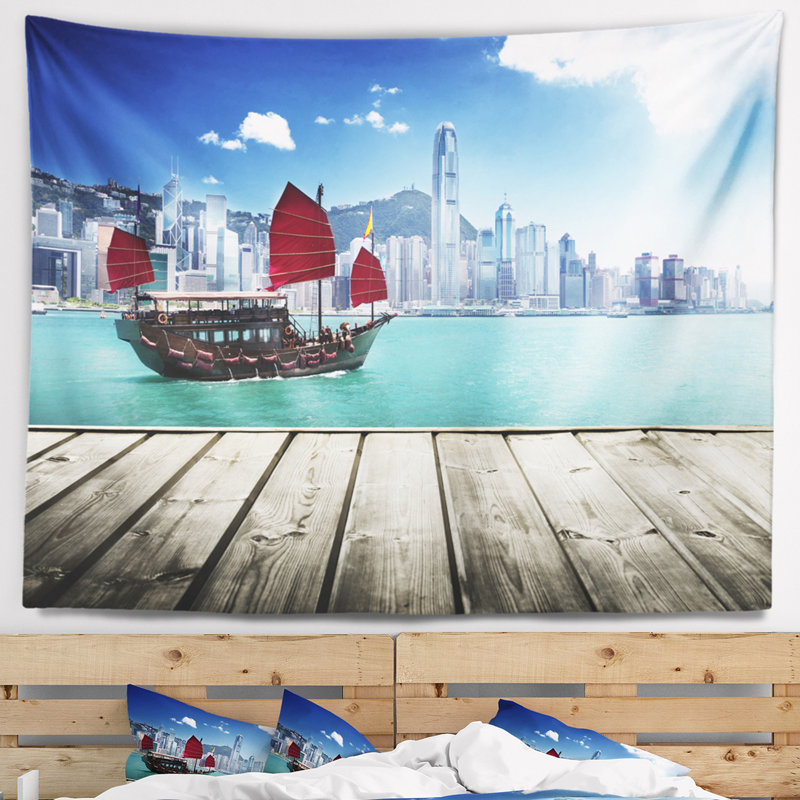Photographie tapisserie du port de hong kong, H 68 po x l 80 po