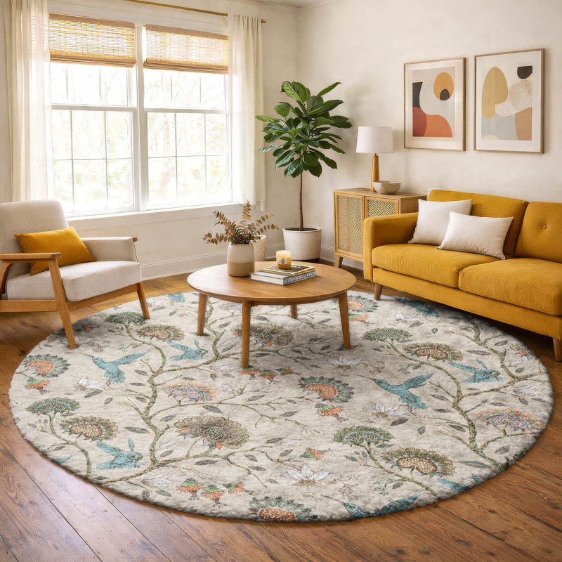Premium Machine Washable Dream Shag ADS174 Hummingbirds Rug, 8' Round