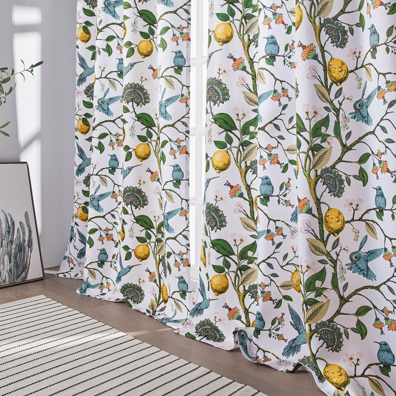 Fancy Hummingbird Patterned  Room Darkening Curtain,Rod Pocket Back Tab Floral Drapes,Set of 2, White, 52" W x 72" L