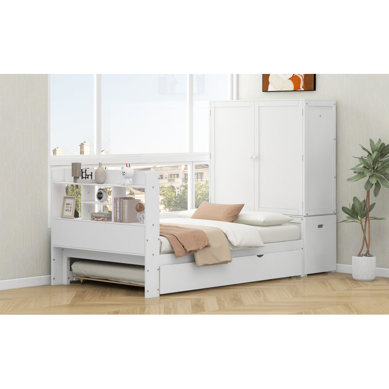Lit plateforme avec tête de lit et pied de lit avec rangement, tablettes gigognes, gris, Blanc