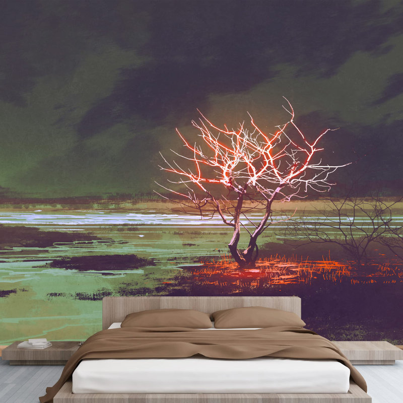 Peinture de paysage de nuit avec grand arbre amovible auto-adhésif, L 66 po x l 96 po