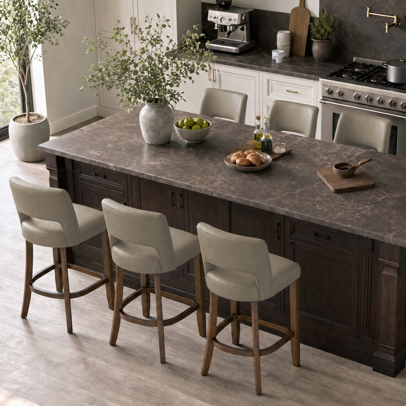 Tabourets de bar modernes en similicuir, hauteur du comptoir, pieds en bois massif, ensemble de 6, Taupe, 6