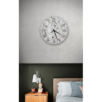 Terrazzo Wall Clock, Modern Stone Pattern, Tempered Glass Round Timepiece, Industrial Grey Concrete Decor, Minimalist Kitchen Wall Art