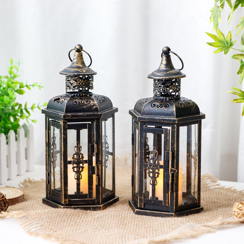 Decorative Candle Lanterns Set of 2 10" H Vintage Hanging Lanterns Metal Candleholders for Indoor Outdoor