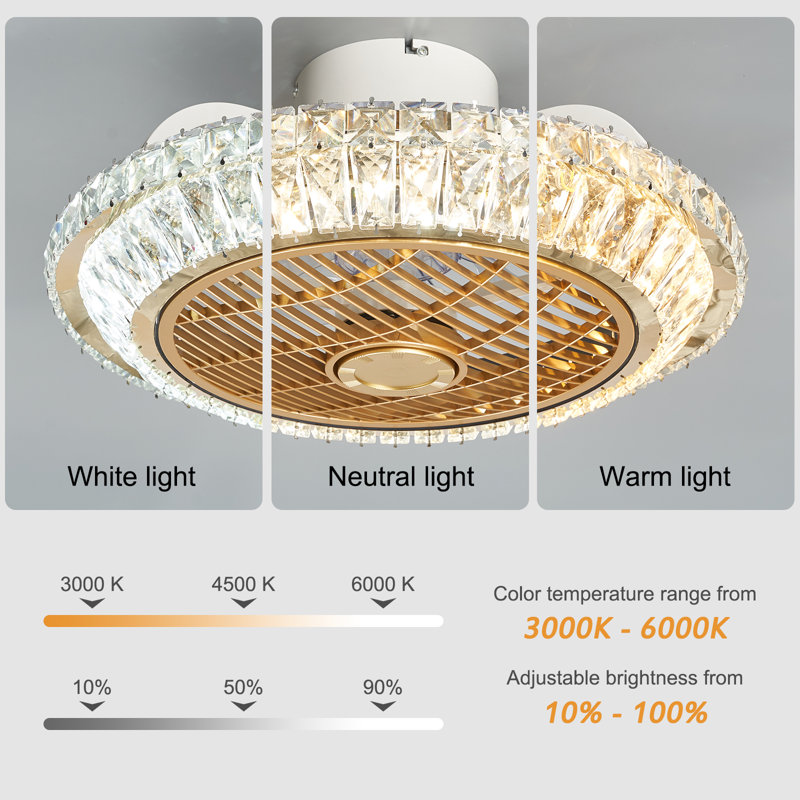 Aarie Crystal Bladeless Ceiling Fan Light,Ceiling Fan with Lights Remote Control,Low Profile Ceiling Fan, Gold