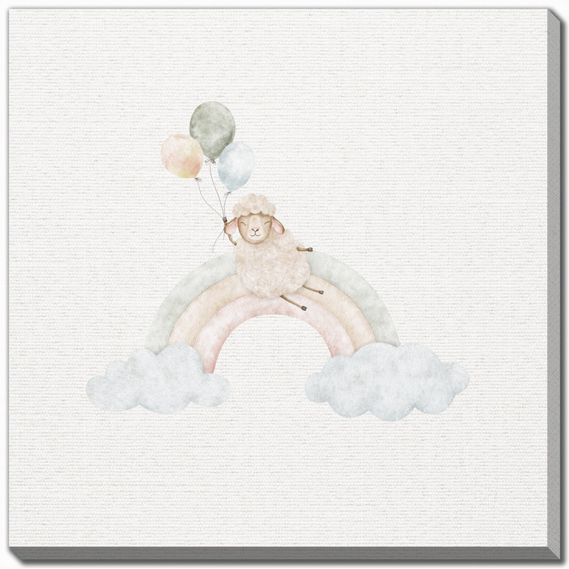 Mouton avec arc-en-ciel et ballons, art mural sur toile, H 24 po x l 24 po