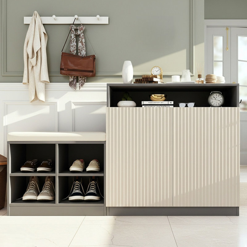 3-Tier Adjustable Shelves Shoe Cabinet With Bench And Removeble Cushion And Hooks, Beige/Gray