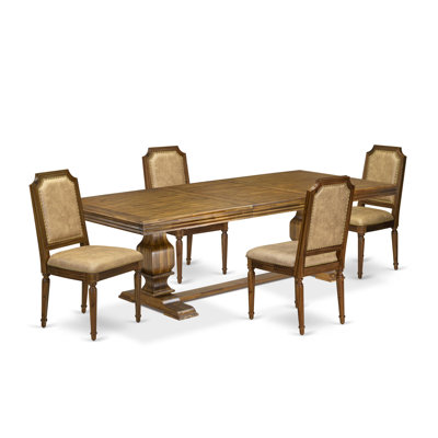 L'ensemble de table de salle à manger 5 pièces moderne se compose d'une table de cuisine et de 4 chaises de salle à manger en cuir de polyuréthane beige avec une finition noyer antique à haut dossier