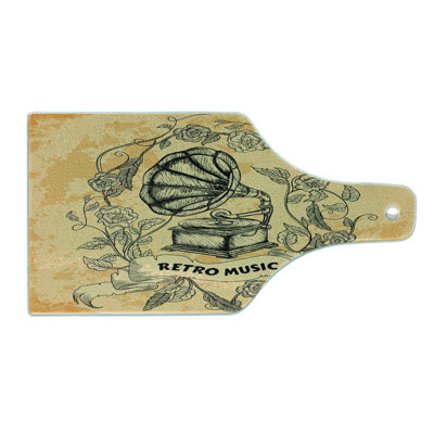 Ambesonne Retro Tempered Glass Cutting Board Gramophone Rose Petals Orange Black