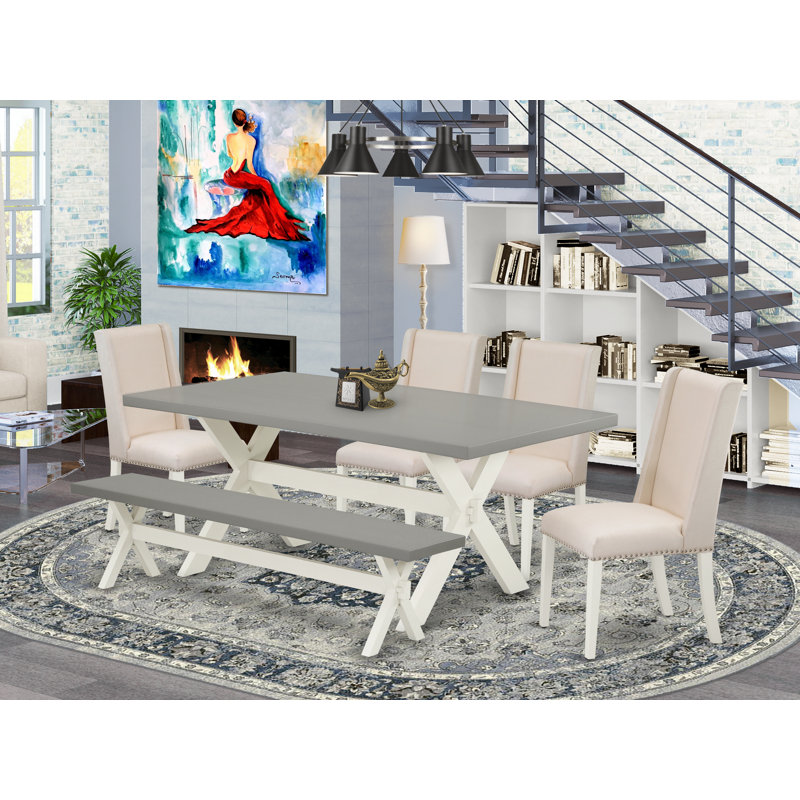L'ensemble de table de cuisine 6 pièces comprend une table de salle à manger rectangulaire avec des pieds en X et 4 chaises Parson en lin crème avec un banc, blanc lin