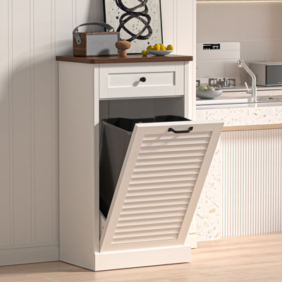 13 Gallon Tilt Out Trash Can Cabinet with Louvered Door, Freestanding Trash Cabinet Garbage Can Cabinets with Hideaway Drawers for Kitchen Living Room, White