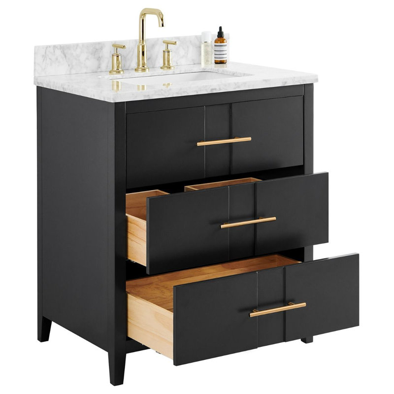 Marilena 30'' Single Bathroom Vanity with Carrara Marble Top, Black