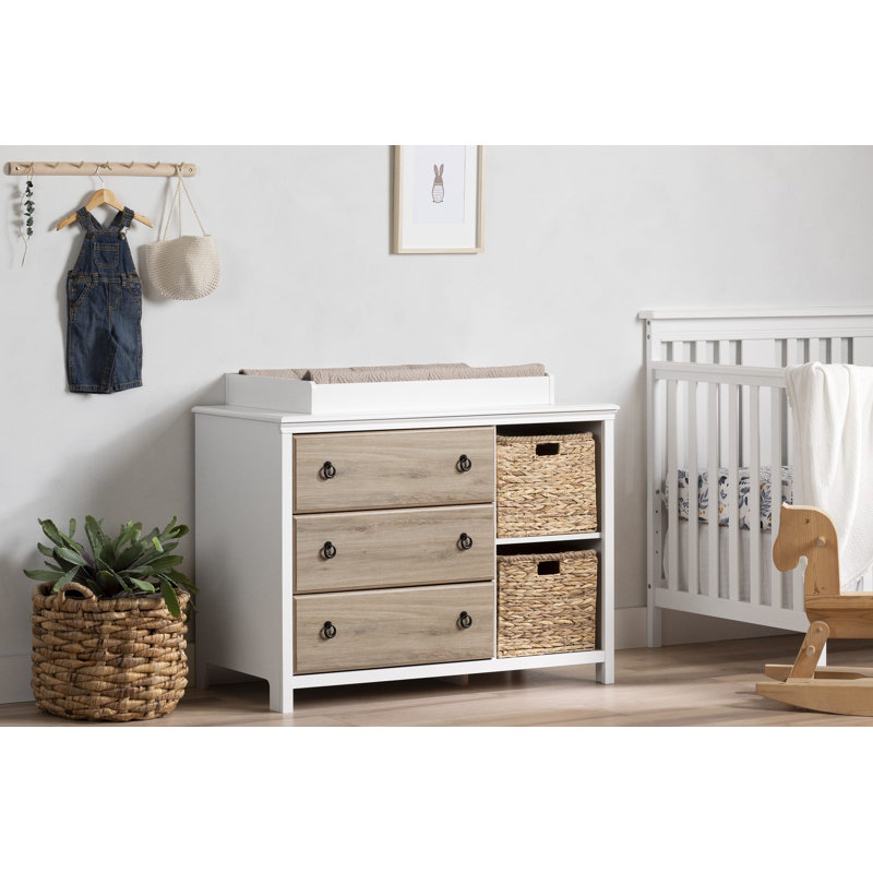 White and Rustic Oak Nursery Dresser with Wicker Baskets