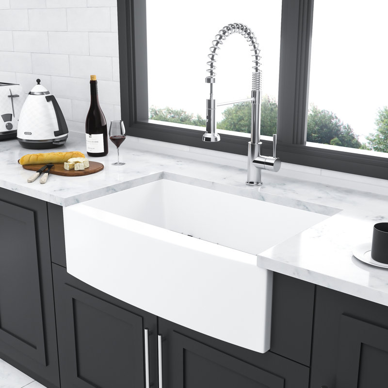 White 33 Inch Single - Bowl Ceramic Kitchen Sink With Arch Edge Apron Front, Attractive And Long Lasting, Including Basket Strainer Reliable Beautiful,